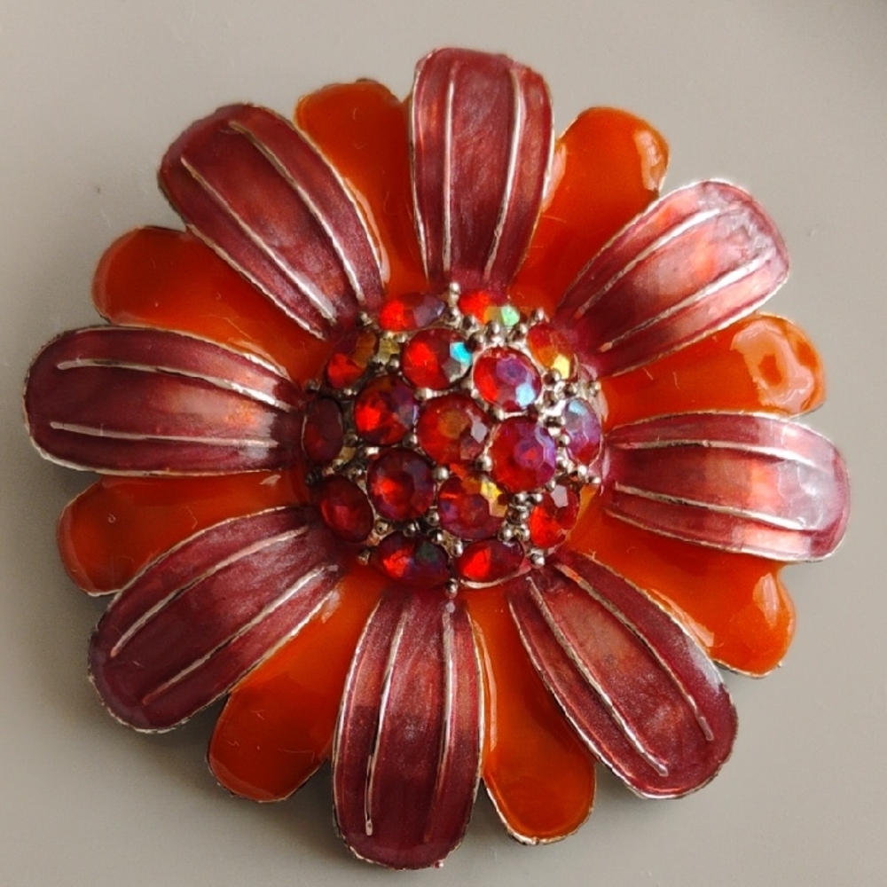 Flower Orange tone Brooch  and center rhinestones